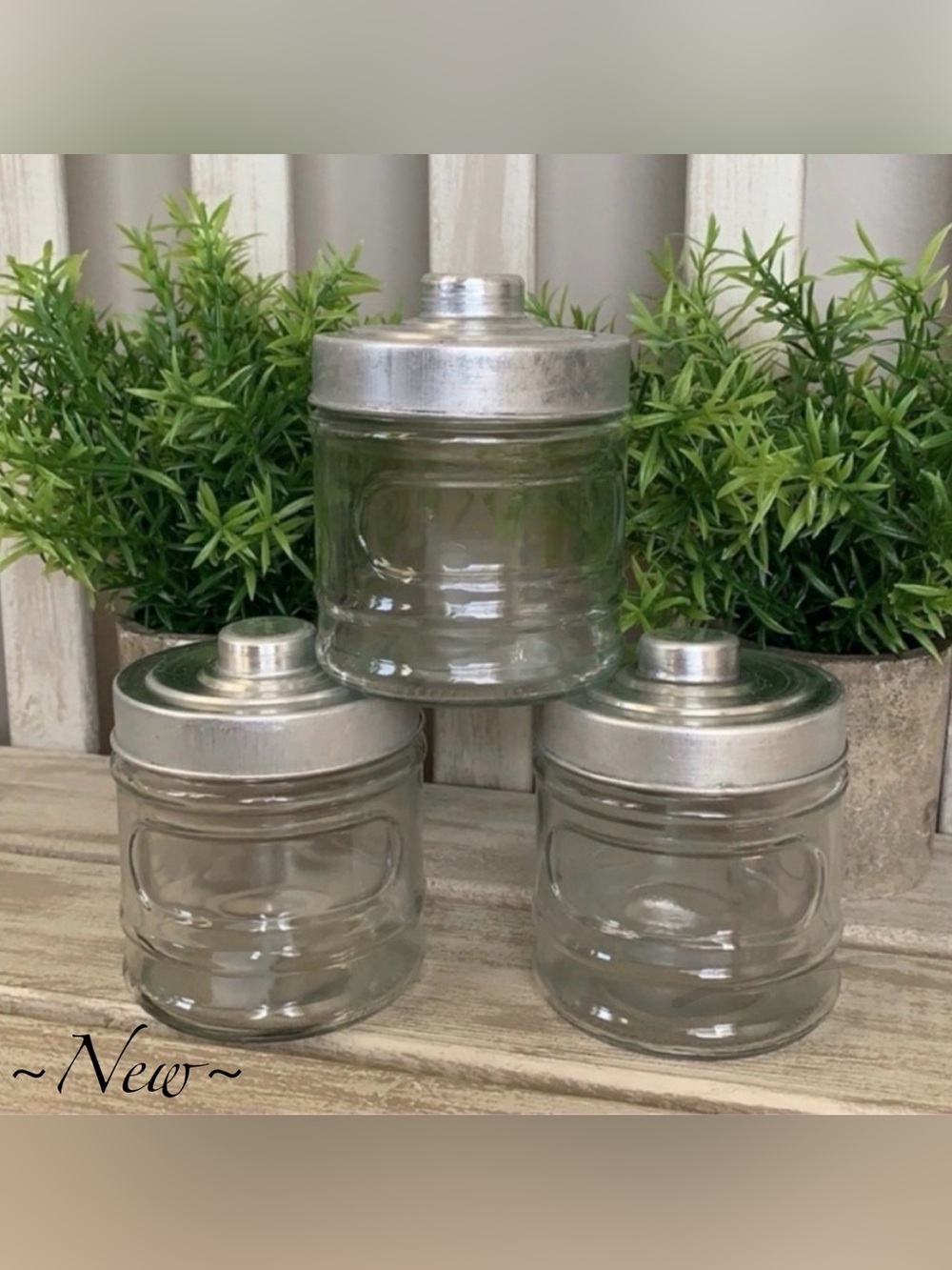 Apothecary Glass Jar set  W/Metal Lids 3pcs ~New~ # Rustic Farmhouse